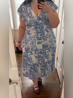 Lane Bryant Blue and White Floral Wrap-Style Midi Dress